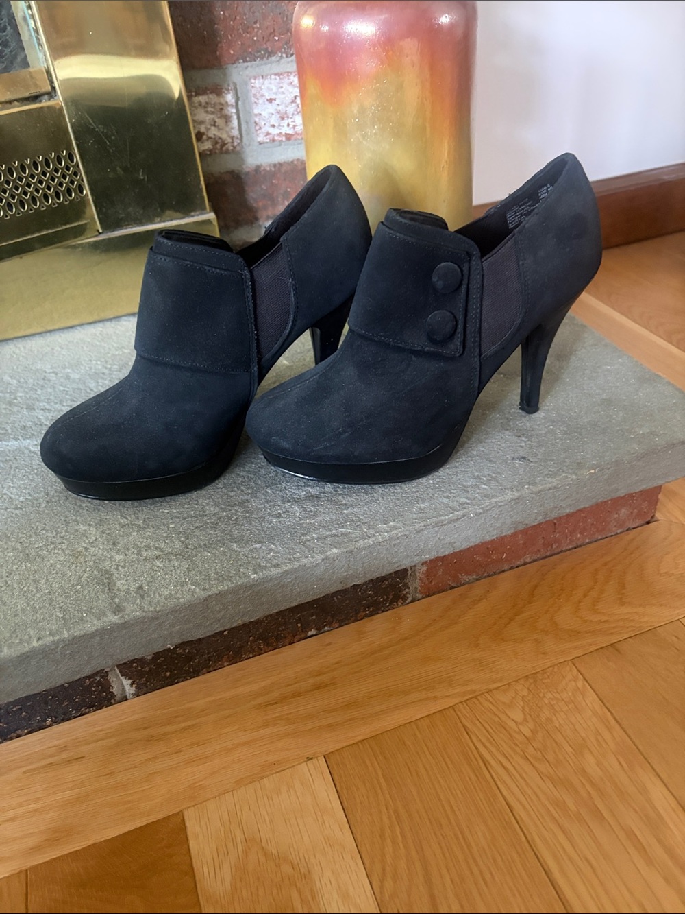 FIONI Clothing Black Suede High-Heel Booties with Button Accent